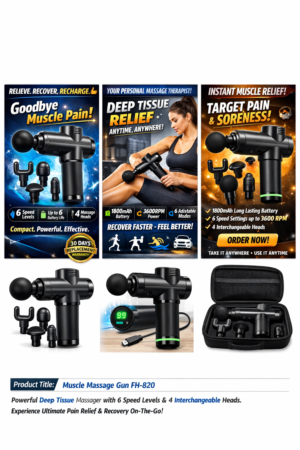 FH-820 Deep Tissue Muscle Massage Gun – 6 Speed Levels, 4 Massage Heads, Portable Pain Relief Device