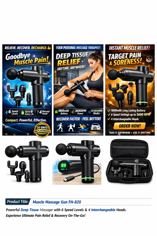 FH-820 Deep Tissue Muscle Massage Gun – 6 Speed Levels, 4 Massage Heads, Portable Pain Relief Device