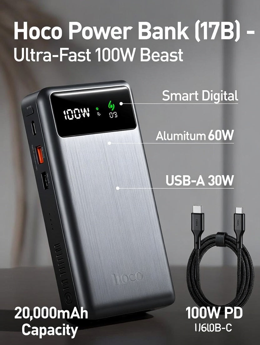 Hoco Power Bank (17B) – Ultra-Fast 100W Beast That Keeps You Powered Non-Stop!