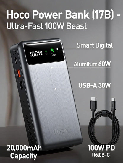 Hoco Power Bank (17B) – Ultra-Fast 100W Beast That Keeps You Powered Non-Stop!