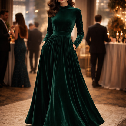 Elegant Velvet Maxi Dress with Stand Collar & Pockets – Perfect for Any Party