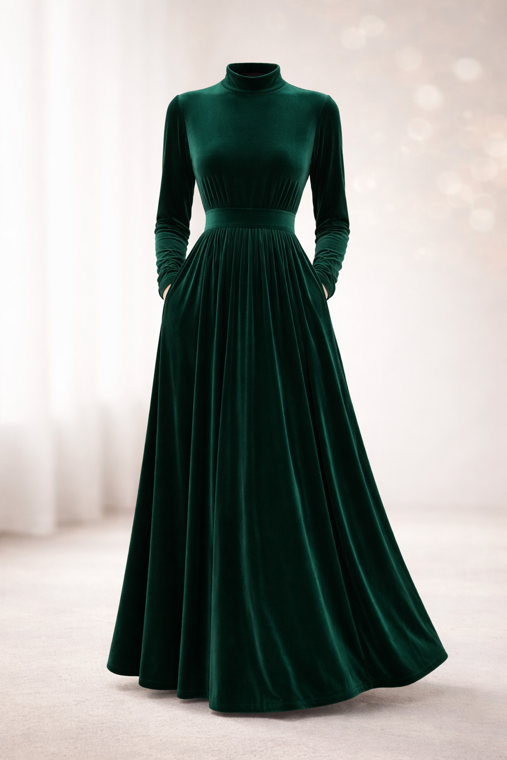 Elegant Velvet Maxi Dress with Stand Collar & Pockets – Perfect for Any Party