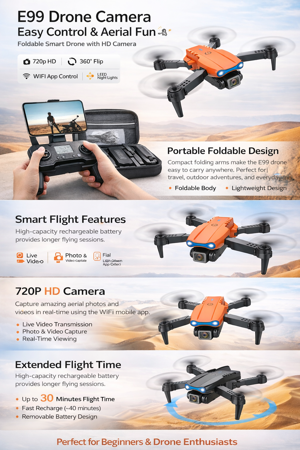 E99 Foldable HD Camera Drone – WiFi FPV, 360° Flip, Altitude Hold, LED Lights 🚁