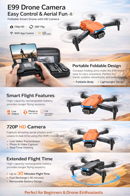 E99 Foldable HD Camera Drone – WiFi FPV, 360° Flip, Altitude Hold, LED Lights 🚁