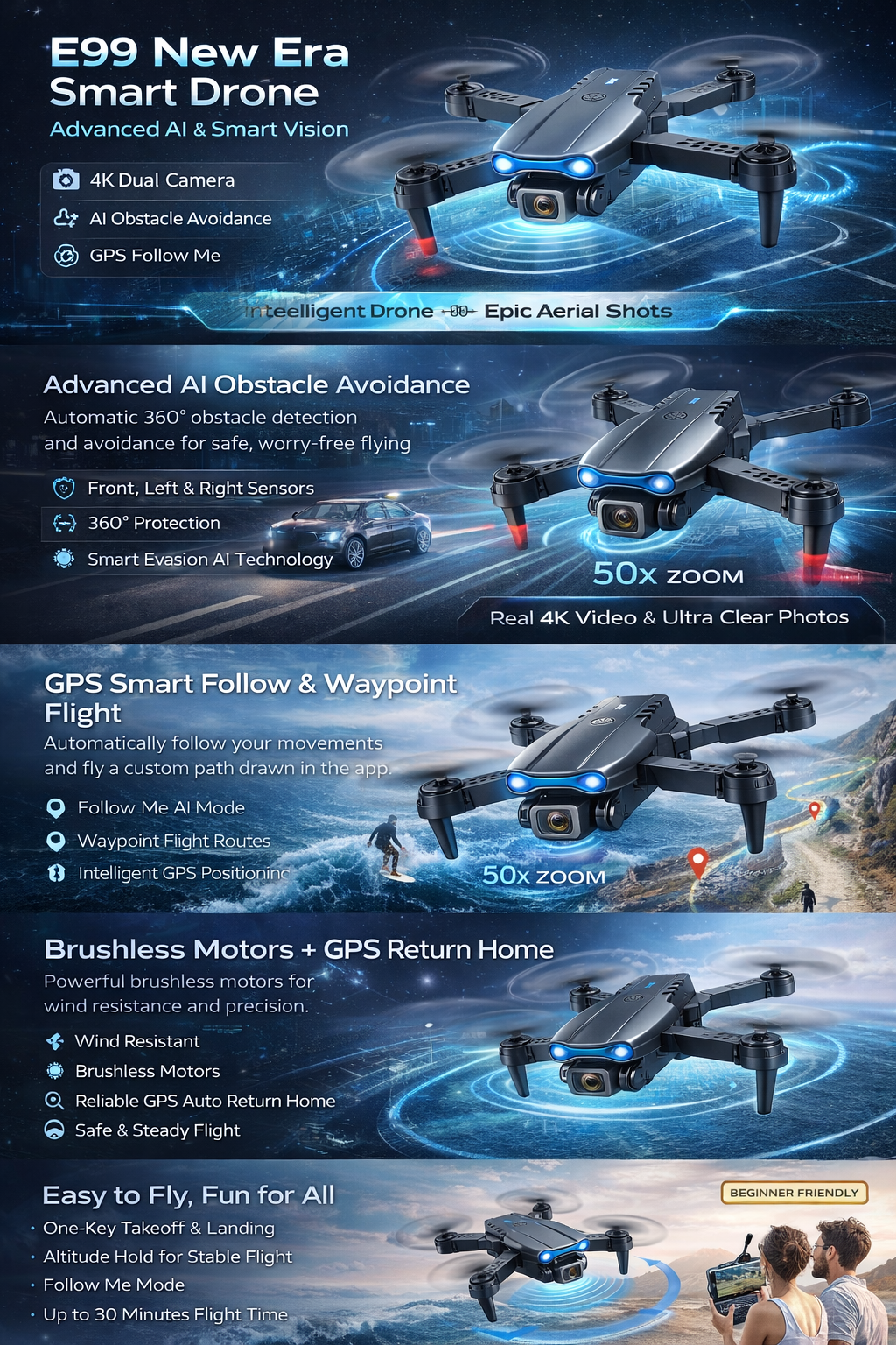 E99 Foldable HD Camera Drone – WiFi FPV, 360° Flip, Altitude Hold, LED Lights 🚁