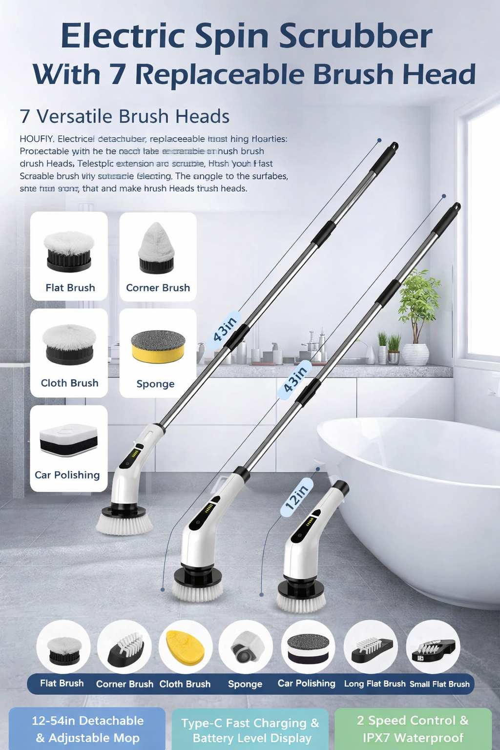 Electric Spin Scrubber With 7 Replaceable Brush Head