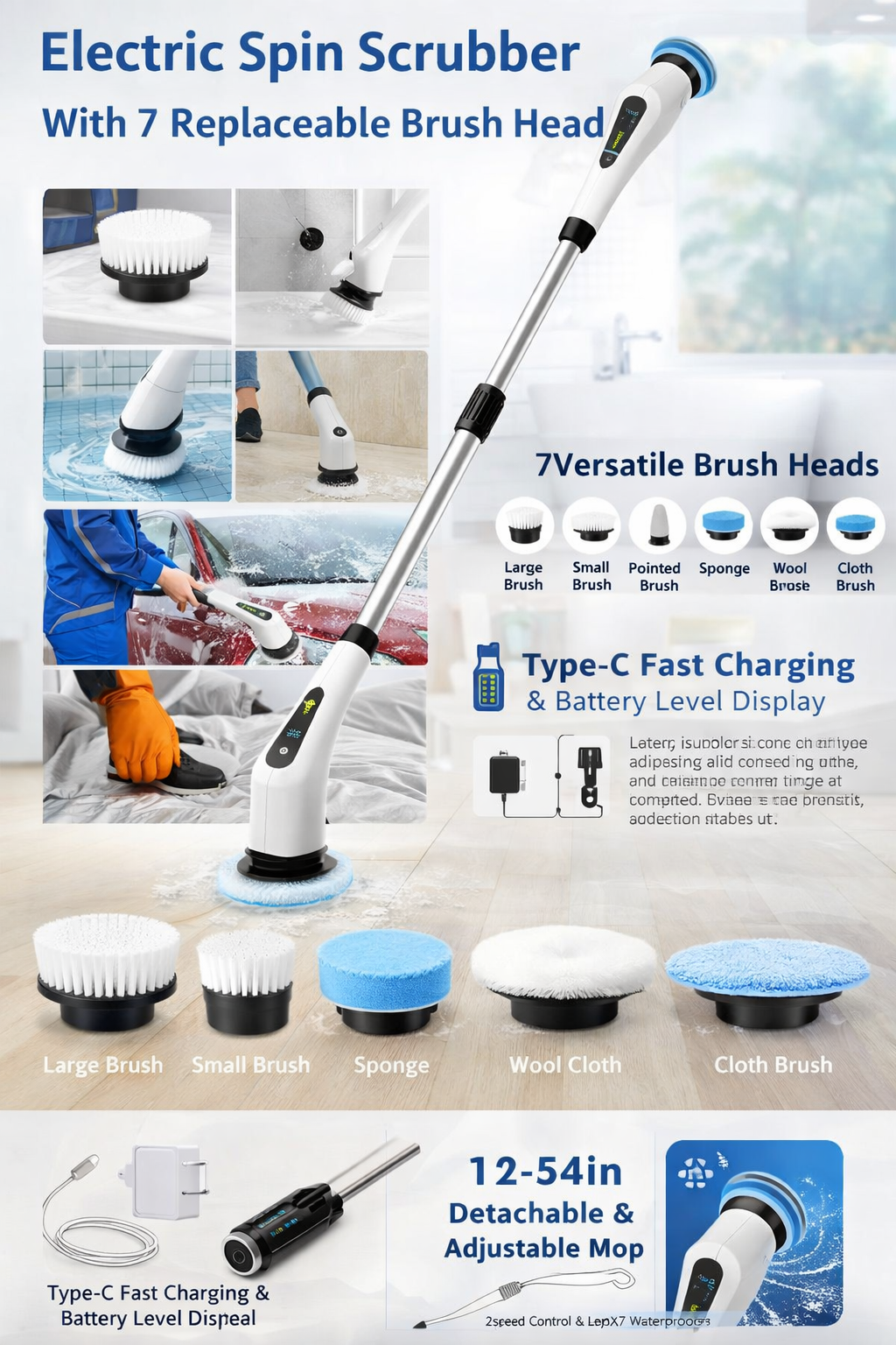 Electric Spin Scrubber With 7 Replaceable Brush Head