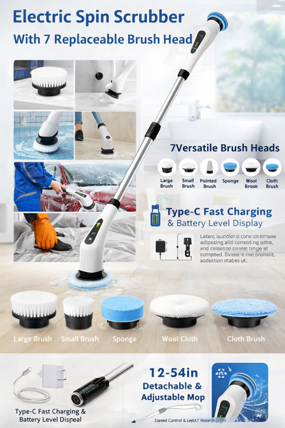 Electric Spin Scrubber With 7 Replaceable Brush Head
