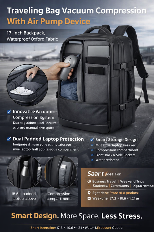 Traveling Bag Vacuum Compression With Air Pump Device 17-Inch Backpack, Waterproof Oxford Fabric