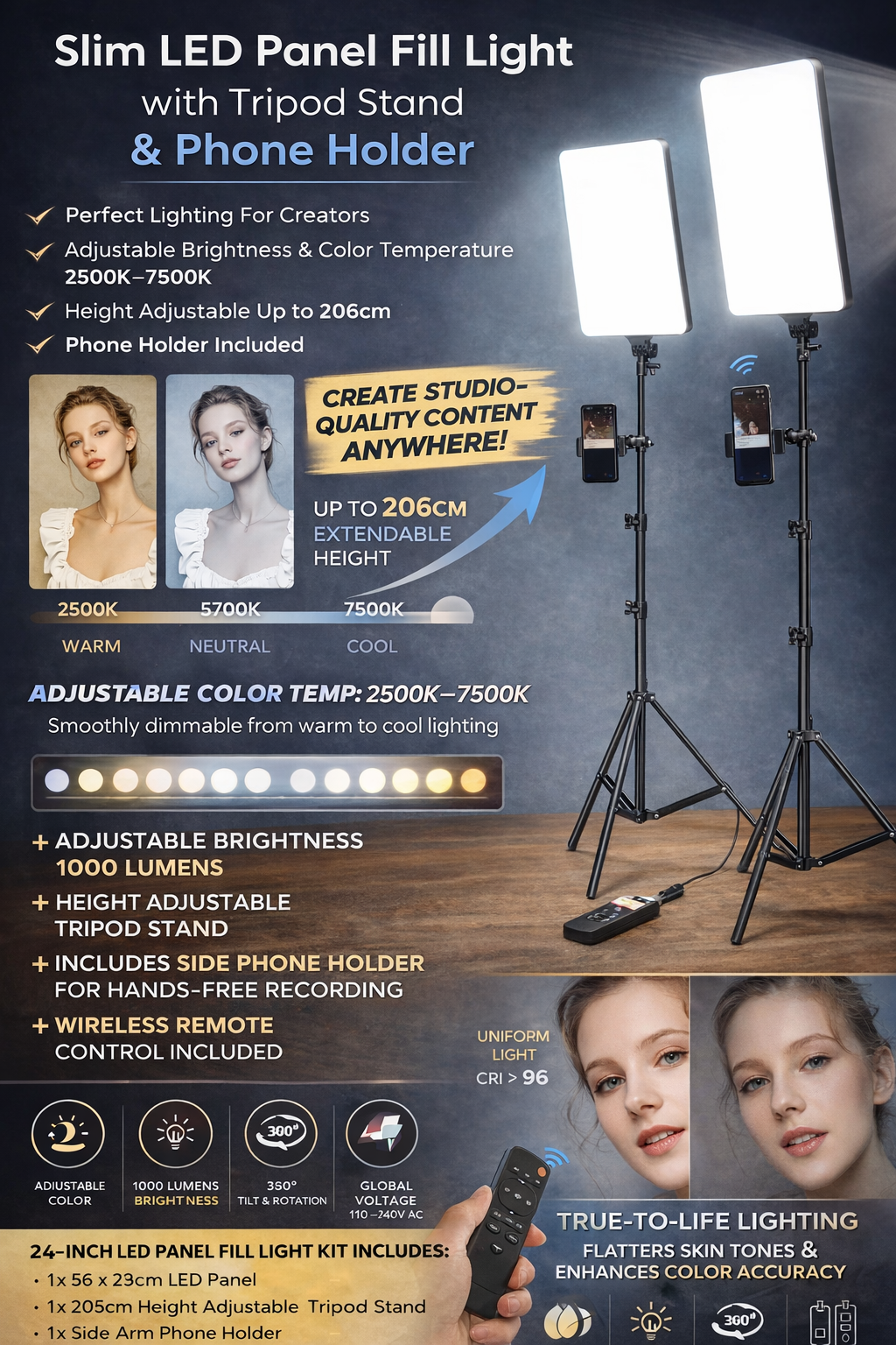 Slim LED Panel Fill Light with Tripod Stand, Phone Holder & Adjustable Brightness
