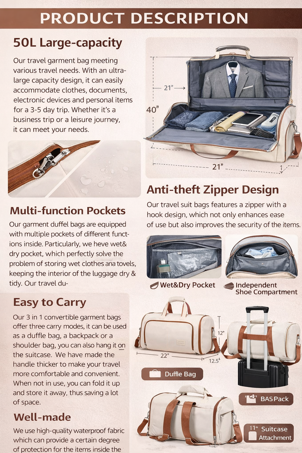3-in-1 Travel Duffel Bag | Waterproof Garment Organizer