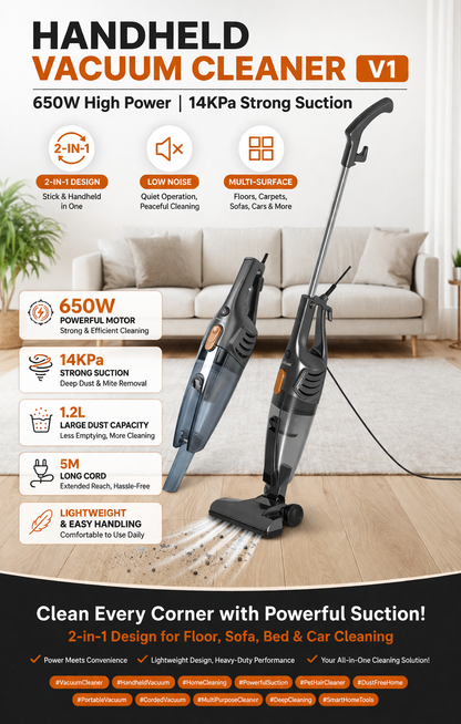 Handheld Vacuum Cleaner V1 – 650W High Power | 14KPa Strong Suction | 2-in-1 Multi-Surface Cleaning