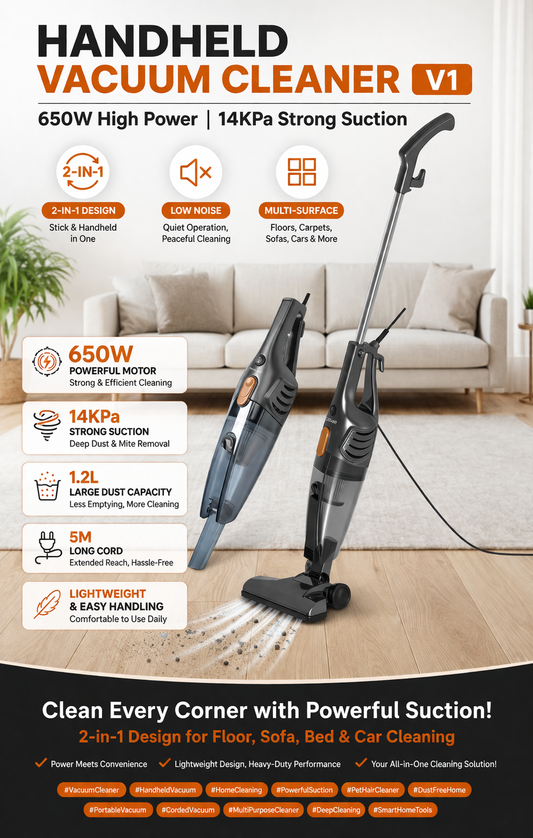 Handheld Vacuum Cleaner V1 – 650W High Power | 14KPa Strong Suction | 2-in-1 Multi-Surface Cleaning