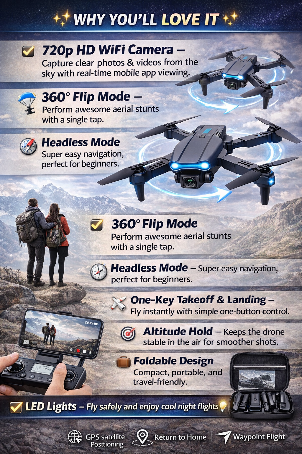 E99 Foldable HD Camera Drone – WiFi FPV, 360° Flip, Altitude Hold, LED Lights 🚁