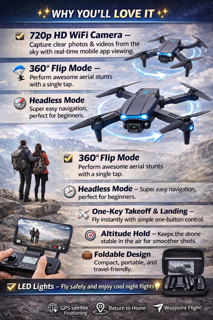 E99 Foldable HD Camera Drone – WiFi FPV, 360° Flip, Altitude Hold, LED Lights 🚁