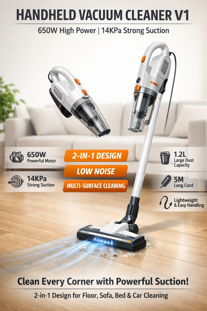 Handheld Vacuum Cleaner V1 – 650W High Power | 14KPa Strong Suction | 2-in-1 Multi-Surface Cleaning